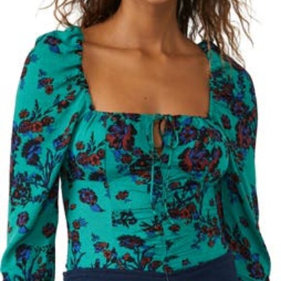 NEW Free People Floral Print Keyhole Neck Top in Green Combo- size XL - Picture 1 of 7
